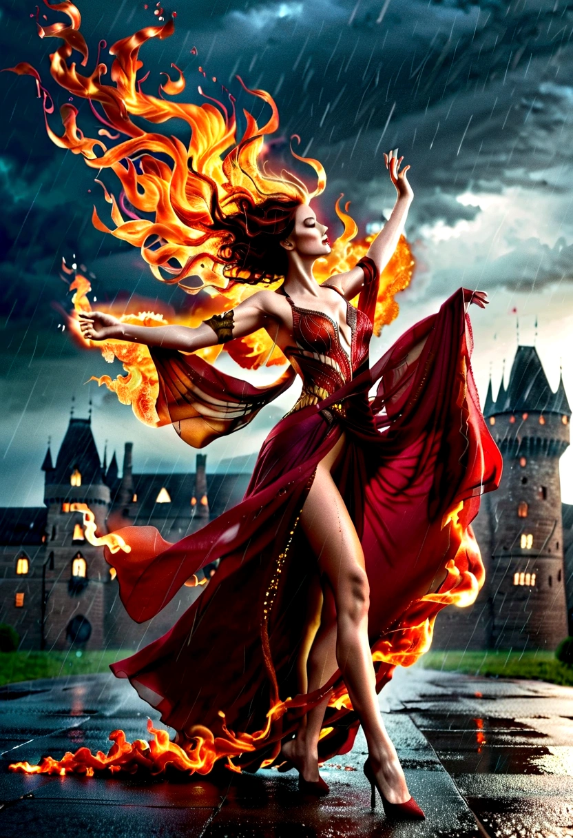 a sorceress of fire making fire dance in a the (storm of rain: 1.3), a most exquisite beautiful sorceress, controlling fire manipulating fire, a woman, dynamic hair color, dynamic hair style, wet hair, wet face, dynamic eyes color, full body shot, wearing dress made of fire, wearing intricate high heels, light make up, dancing in courtyard of a fantasy castle, ((heavy rain drops: 1.1)), clouds in the sky,  (anatomically correct: 1.4), (full body shot: 1.1) , vibrant, Ultra-high resolution, High Contrast, (masterpiece:1.5), highest quality, Best aesthetics), best details, best quality, highres, ultra wide angle, 16k, [ultra detailed], masterpiece, best quality, (extremely detailed),  firecd_xl, phoenix dress, fireMagicAI