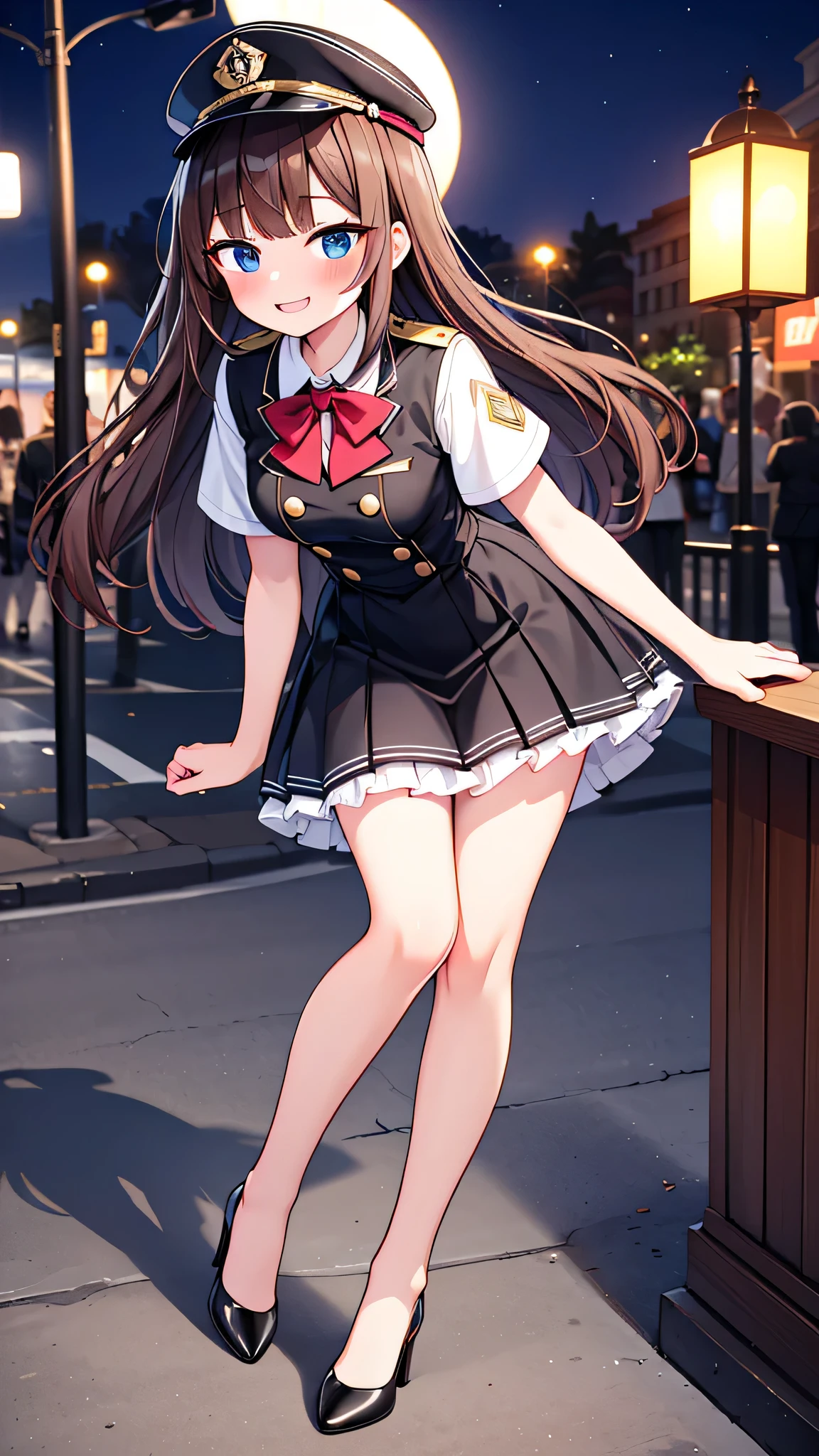 {Highest quality}, {Super beautiful},{Ultra fine},{Best illustration},Brown Hair,Hime cut,semi-long,Bangs,Standing Woman,Uniform cap,White Shirt,Short sleeve,Long black skirt,Night Park,Embarrassed,smilingly,Blushing,Slender women, A woman wearing plain black pumps,Bare feet and pumps,From an angle,From above