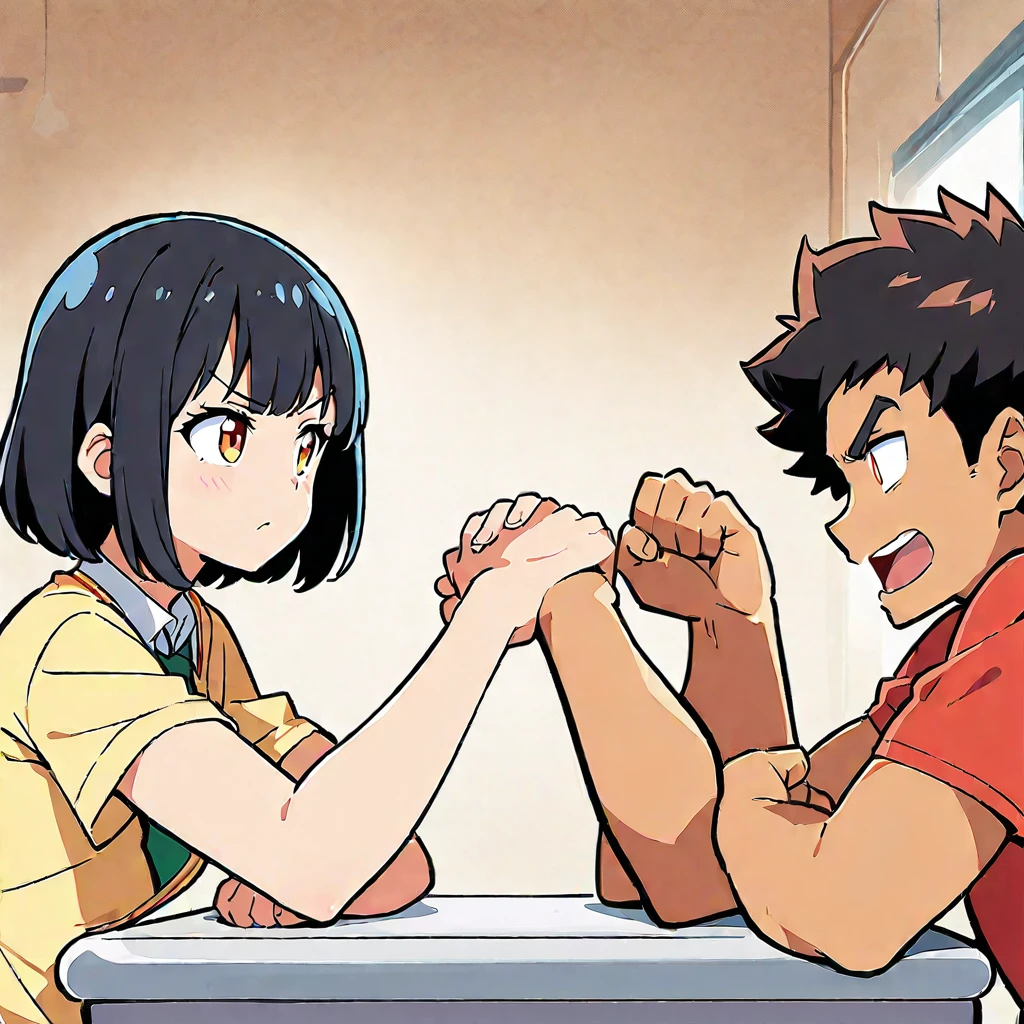 1 Girl、(Black Hair、short hair:1.2)、(high school student、uniform)、(Arm wrestling with friends:1.3)、Brave look、School classroom、(Highest quality、masterpiece、High resolution、detailed)animeスタイル、Flat Style、(Shining Eyes、detailed美しい顔), break,anime
