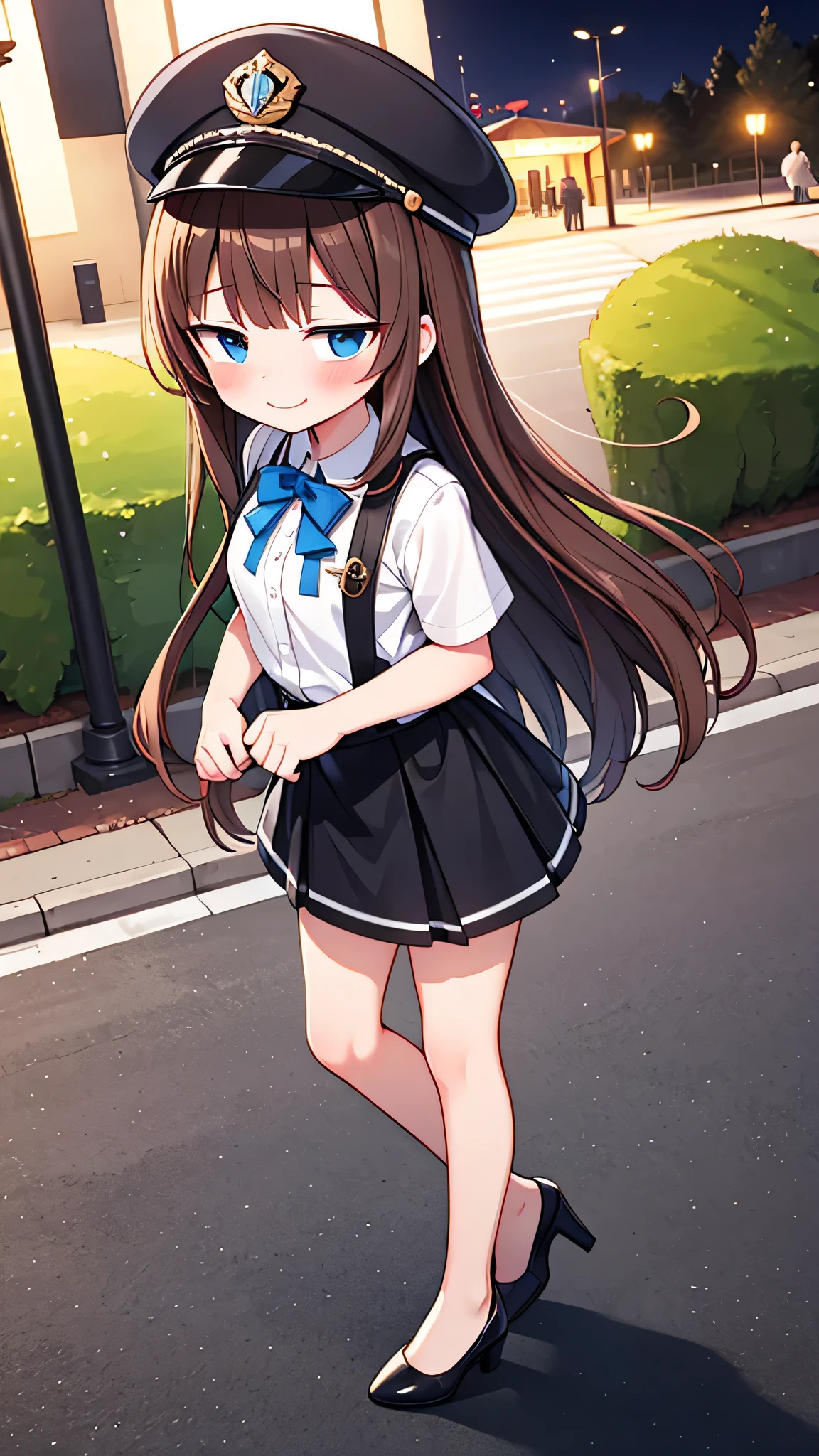 {Highest quality}, {Super beautiful},{Ultra fine},{Best illustration},Brown Hair,Hime cut,semi-long,Bangs,Standing Woman,Uniform cap,White Shirt,Short sleeve,Long black skirt,Night Park,Embarrassed,smilingly,Blushing,Slender women, A woman wearing plain black pumps,Bare feet and pumps,From an angle,From above
