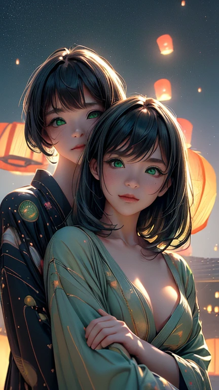 nsfw, Masterpiece, top quality, highly detailed, (Photorealistic style:1.4), Chiaroscuro style, backlighting, 2 girls, A lesbian couple in yukata, (Hug from behind, and put hand on naked bust, bust shot:1.6), looking at the camera with a smile, (A close-up of their beautiful faces,  green eyes:1.8), (Lots of fireworks all over the sky, Many Lanterns floating in the sky, big shining milky way:1.4),