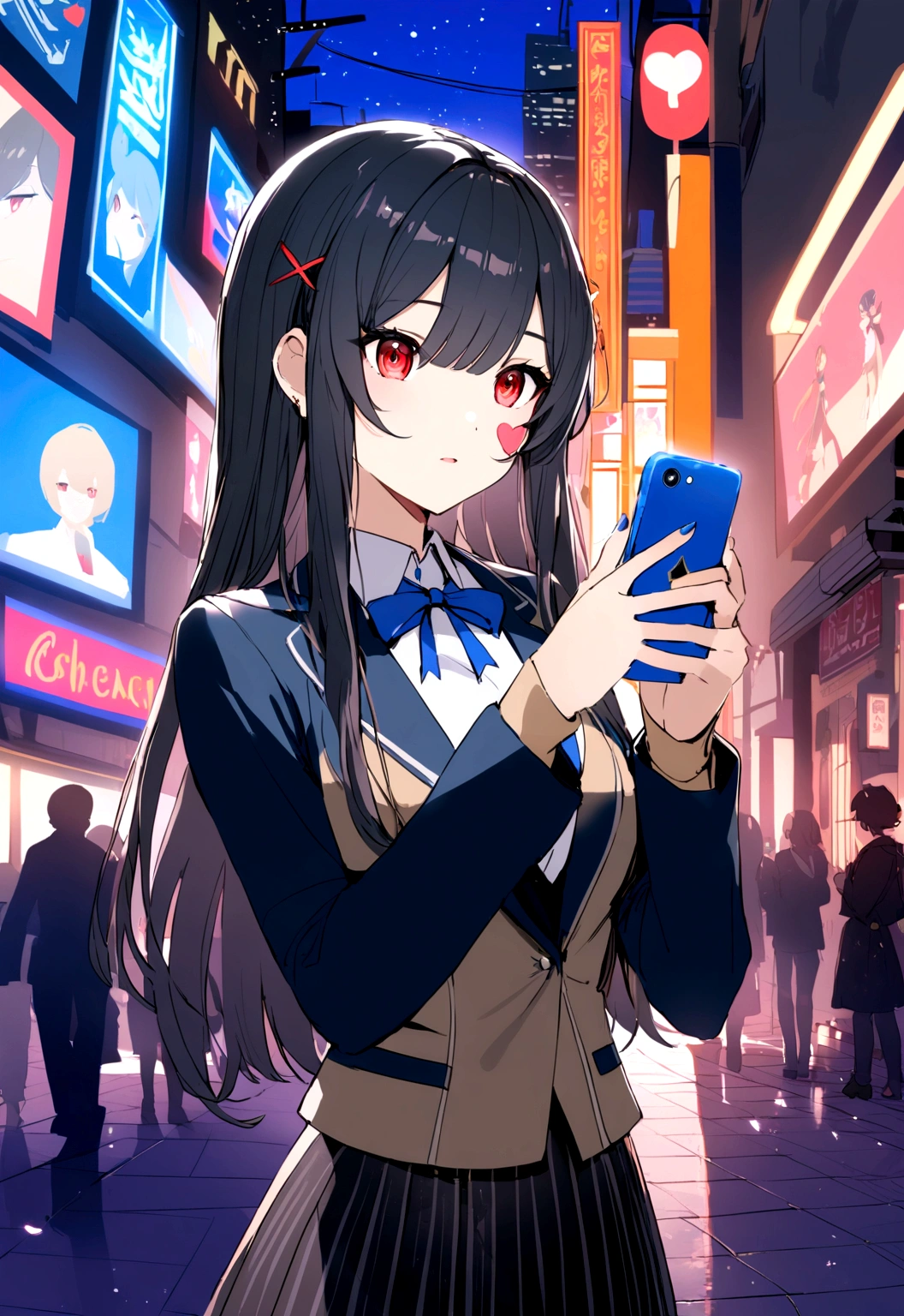 A young girl with long black hair and red eyes stands in a bustling city street at night. She is wearing a  with a blue ribbon and a dark blazer, holding a smartphone with a heart sticker on it. The background is filled with neon signs and advertisements, creating a vibrant and lively atmosphere. The girl appears focused on her phone, with a hint of reflection from the screen on her face.　Like Genshin Impact.