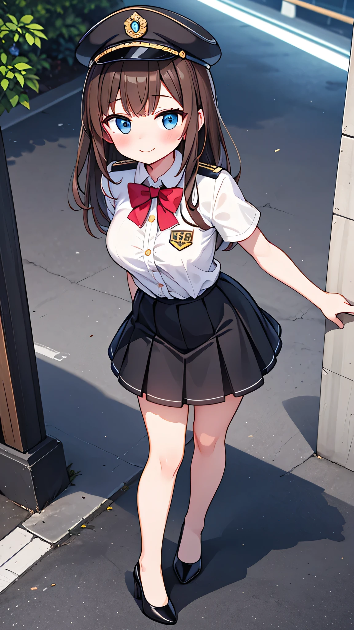 {Highest quality}, {Super beautiful},{Ultra fine},{Best illustration},Brown Hair,Hime cut,semi-long,Bangs,Standing Woman,Uniform cap,White Shirt,Short sleeve,Long black skirt,Night Park,Embarrassed,smilingly,Blushing,Slender women, A woman wearing plain black pumps,Bare feet and pumps,From an angle,From above