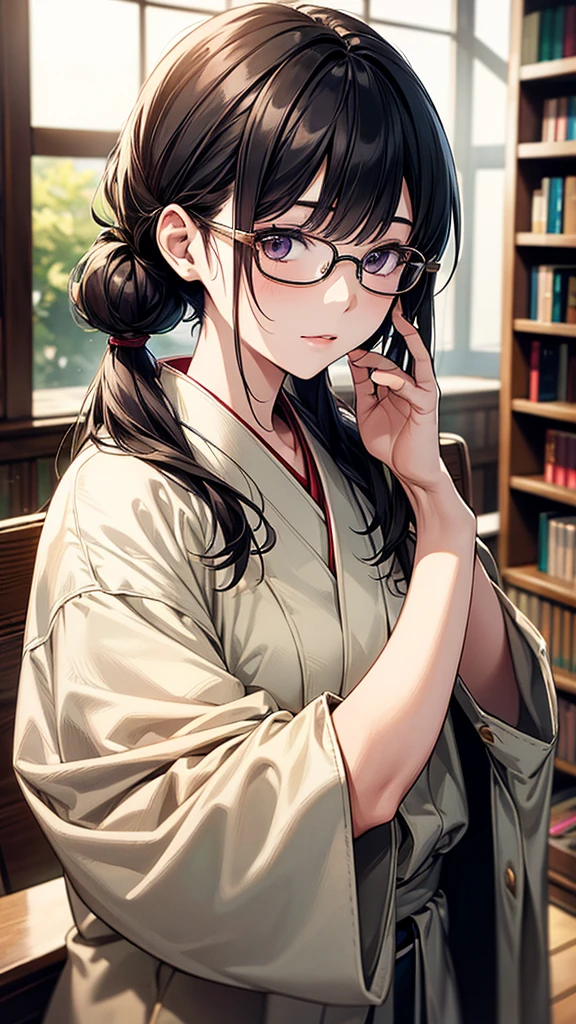 . masterpiece, Highest quality, 8K, 1. Young Japanese Woman, Intellectual look, library, focusing, Surrounded by books, Glasses, Casual clothing, Natural hairstyle, Soft Light, Professional photography, Portraiture, Upper Body, Sophisticated, (Eye and facial details:1.2), Warm atmosphere