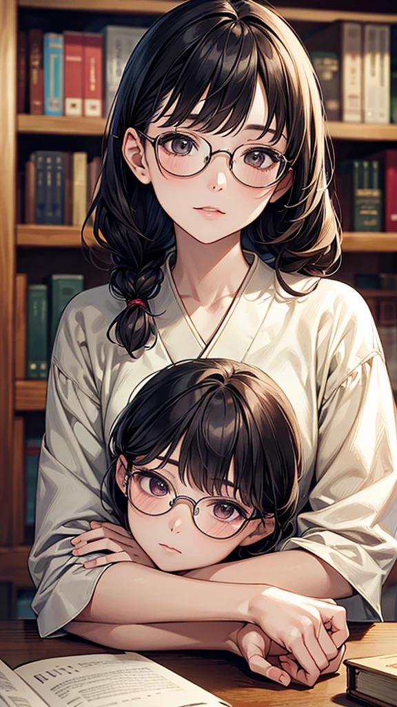 . masterpiece, Highest quality, 8K, 1. Young Japanese Woman, Intellectual look, library, focusing, Surrounded by books, Glasses, Casual clothing, Natural hairstyle, Soft Light, Professional photography, Portraiture, Upper Body, Sophisticated, (Eye and facial details:1.2), Warm atmosphere