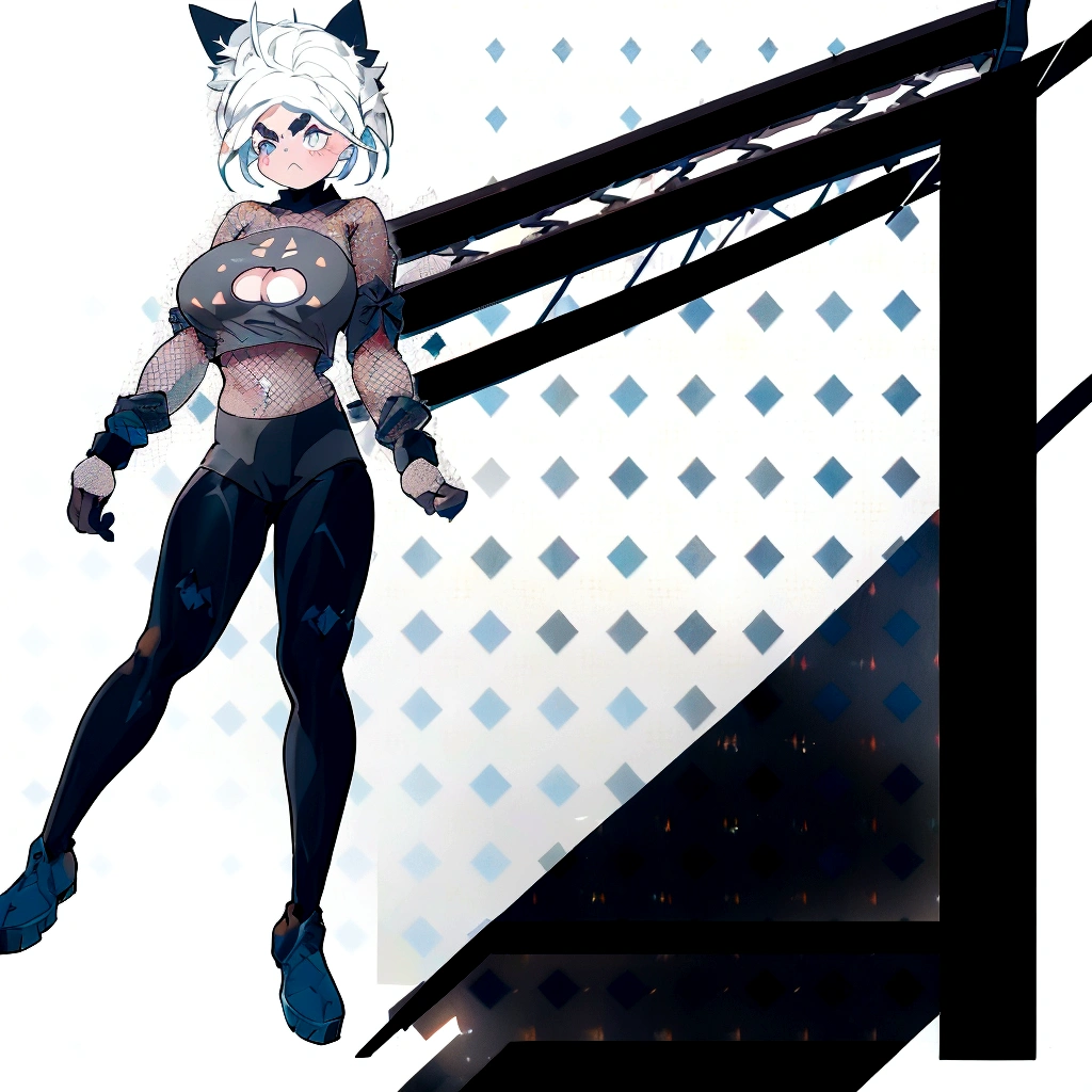 (White Hair Girl), (Thick, dark blue eyebrows:1.4), (Dark blue eyebrows:1.7), (Thick eyebrows:1.3), (Huge black fluffy animal ears:1.1), (Black animal ears:1.1), BREAK, (((Mesh Stitching Crop T-Shirt, Cutout Long Sleeve Top))),BREAK, (Big Breasts:1.2, Thick legs, Adult female body, Sturdy body:1.2), ((full body:1.7, contrasted:1.5)), (sharp eyes, Ultra-high definition CG, Precisely designed costumes, 4K, 8K, Ultra-high definition CG, Precisely designed costumes, Clear lines, Expressive and Captivating Eyes, Fine Details and Realistic Textures, cinematic lighting), ((white background)), BREAK, (Wearing black leggings with holes), Skinny sleeves, (Torn and holey leggings:1.2)(Black leggings:1.4), (I'm wearing oversized Rugged Thick sole boots:1.2), (Thick sole:1.5), (Big shoes:1.3), ((Star Wars Weapons, Lightsabers, embarrassed))
