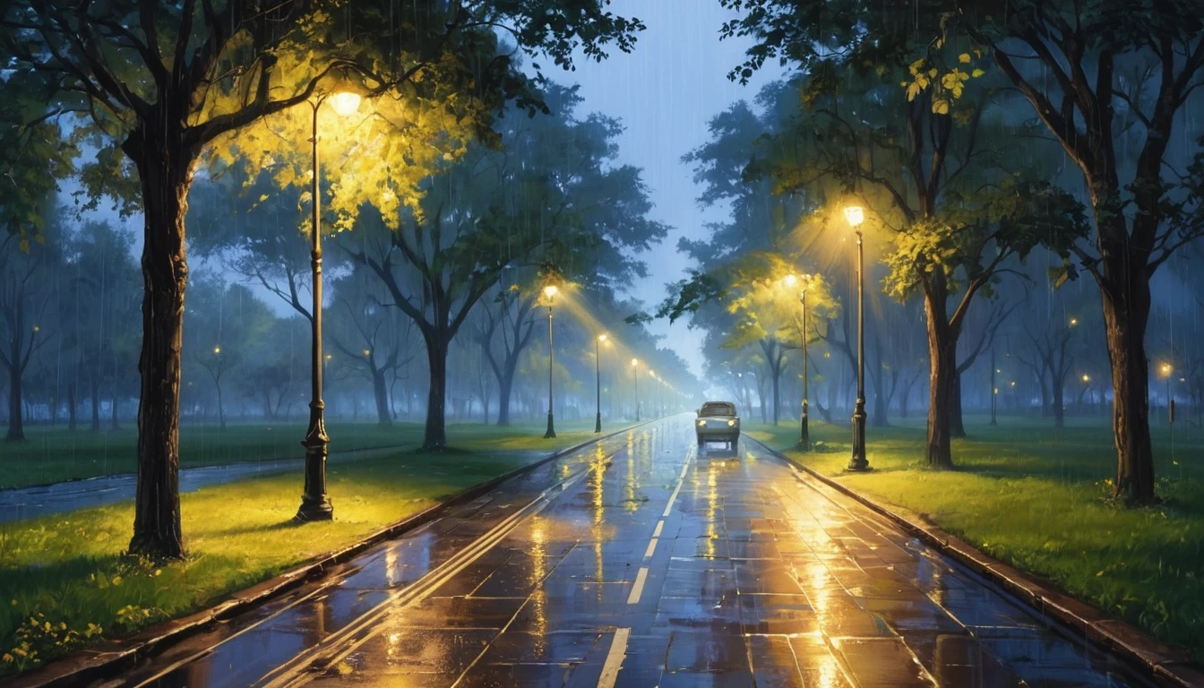 in the park ,the road widens ,it's raining ,night