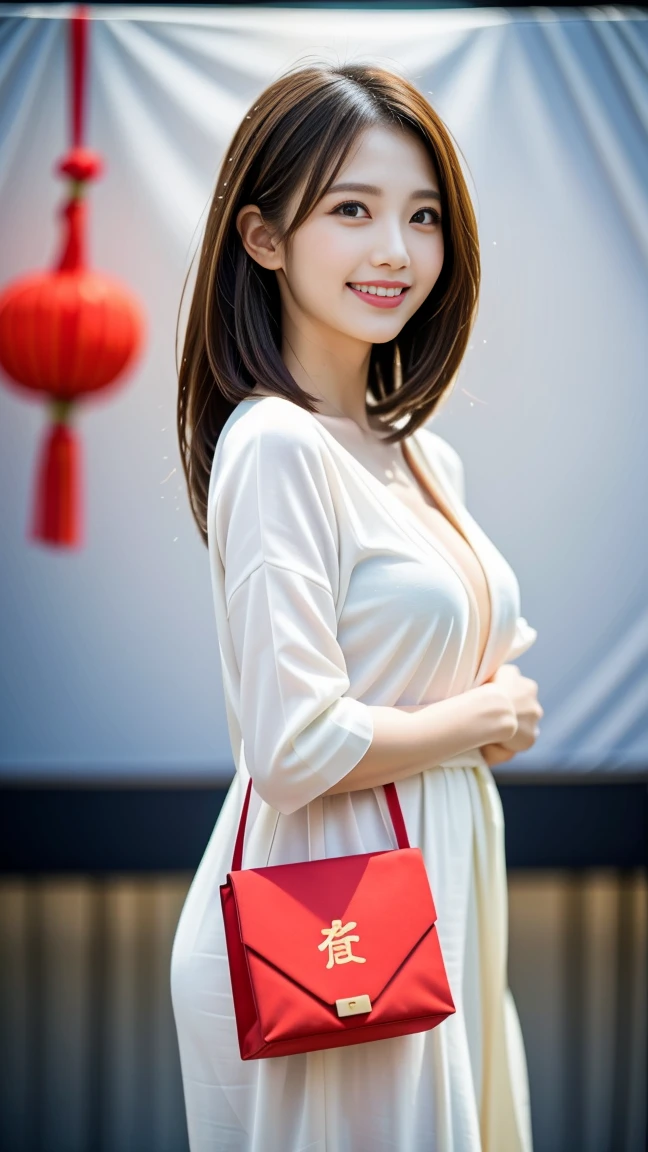 side body woman with chinese inscription at a festival, she is holding a gift bag in her hand in front of her, she is smiling, shoot on white background, png, standing in front of pure white Background cloth of studio, holding luxurious, side body, look away, traditional chinese festival celebration, red, long lens, wrapped