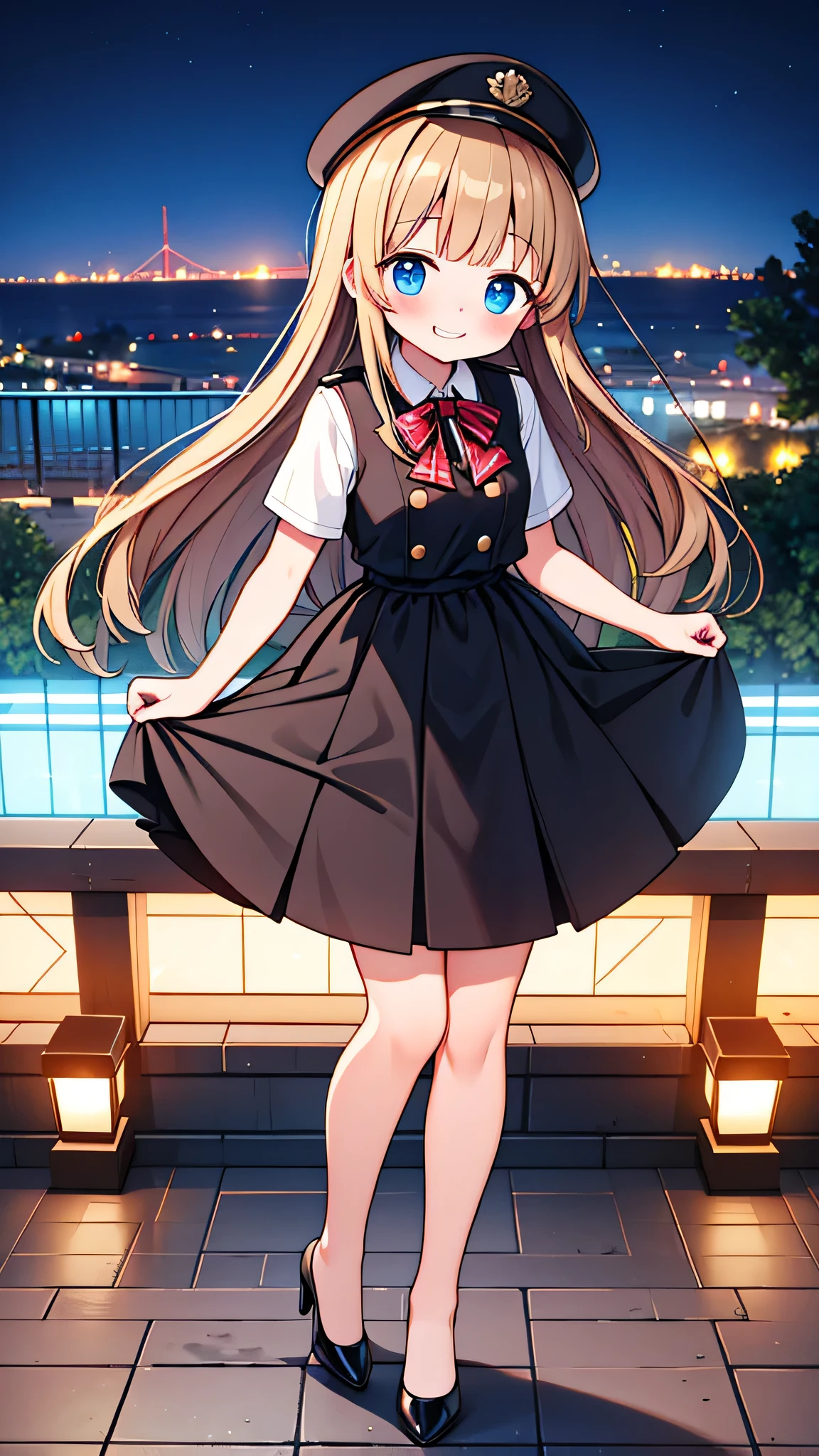 {Highest quality}, {Super beautiful},{Ultra fine},{Best illustration},Brown Hair,Hime cut,semi-long,Bangs,Standing Woman,Uniform cap,White Shirt,Short sleeve,Long black skirt,Night Park,Embarrassed,smilingly,Blushing,Slender women, A woman wearing plain black pumps,Bare feet and pumps,From an angle,From above