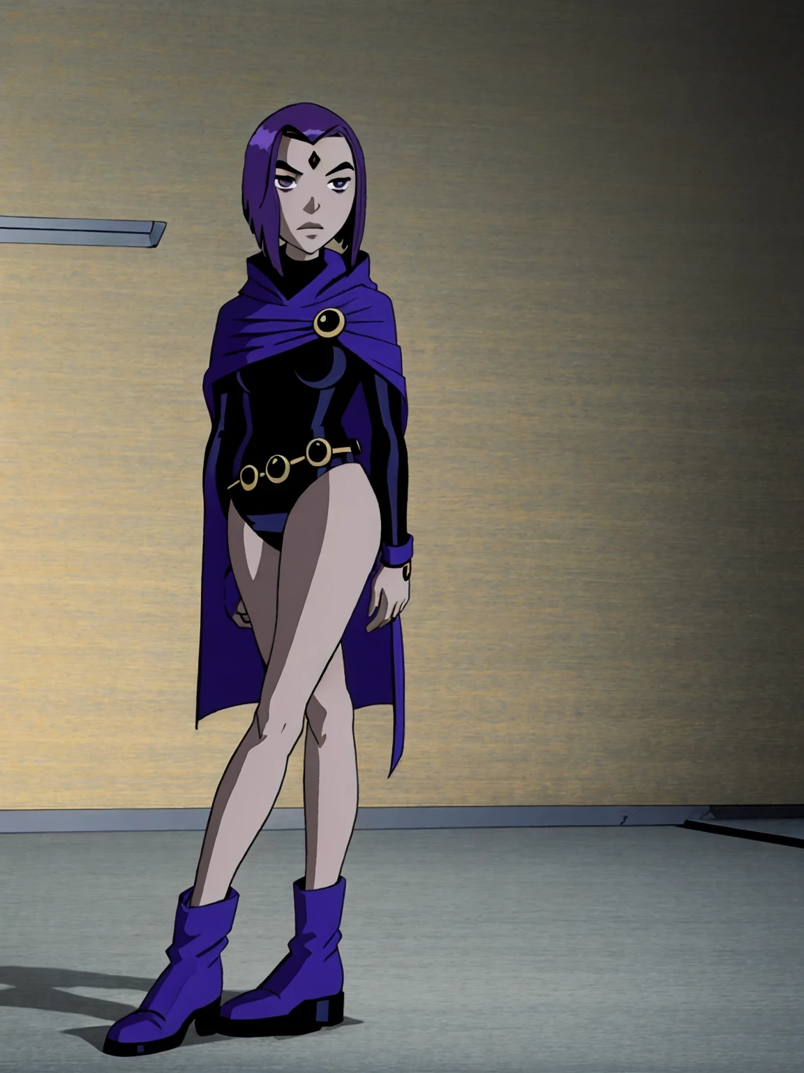 raventt, 1girl, solo, grey skin, cape, purple hair, purple eyes, forehead jewel, short hair, leotard, looking at viewer, belt,boots