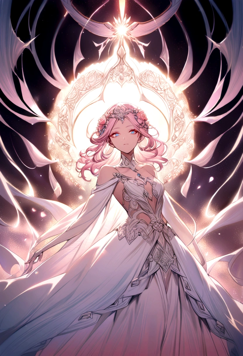 Talwynn appears as an ethereal figure with a radiant, warm glow. Her form is adorned with symbols of hearts and roses, and she exudes an aura of serenity and compassion. Her eyes are a soft, inviting pink, and she moves with a graceful fluidity