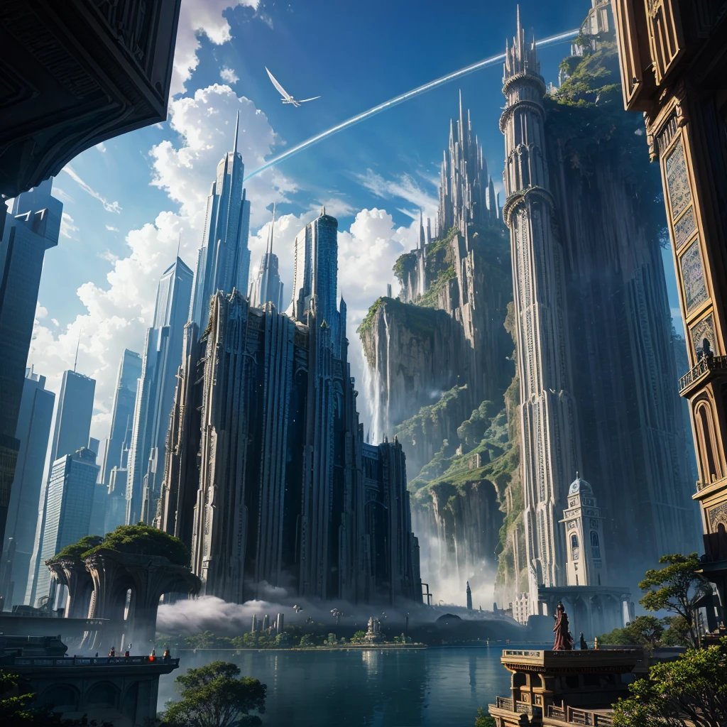 A huge fantastical sci-fi city, aether city, floating aerial metropolis,Skyscrapers、Daytime，Huge construction，Super huge waterfall，Super huge temple，Super huge torii，mysterious，Fantasy，Life Transcendence，A World Beyond All Things， towering skyscrapers, massive waterfall, celestial planets in the sky, surrounded by clouds, cosmic architecture, violet energy scars around, central massive castle, astral sky