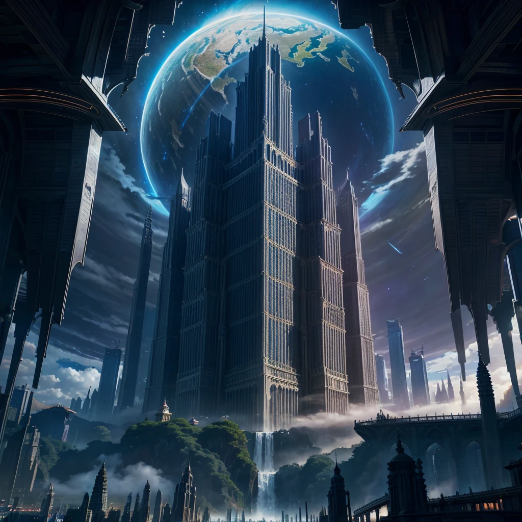 A huge fantastical sci-fi city, aether city, floating aerial metropolis,Skyscrapers、Daytime,Huge construction,Super huge waterfall,Super huge temple,Super huge torii,mysterious,Fantasy,Life Transcendence,A World Beyond All Things, towering skyscrapers, massive waterfall, celestial planets in the sky, surrounded by clouds, cosmic architecture, violet energy scars around, central massive castle, astral sky