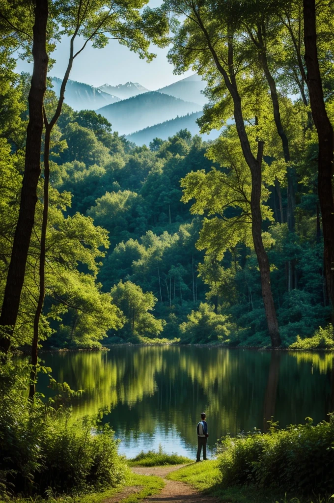 Omar stands in an enchanted forest. There are trees, birds, lakes and beautiful scenery. The forest environment is magical and mysterious.