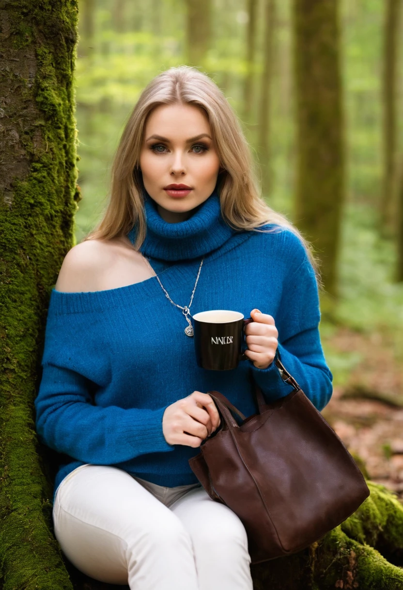 A close-up image of the enigmatic and captivating N1N15UN, with her distinctive bag slung casually over one shoulder, ((evil slavic woman)), pale skin, long dark blond hair, donning a vibrant blue shirt under a cozy turtleneck sweater and white sneakers, adorned with an intricate silver necklace. She's perched on the edge of a moss-covered tree stump in a serene forest grove, cradling a steaming mug of coffee between her hands, bathed in soft, warm sunlight filtering through the dense canopy above, exuding an air of quiet contemplation and creative inspiration.