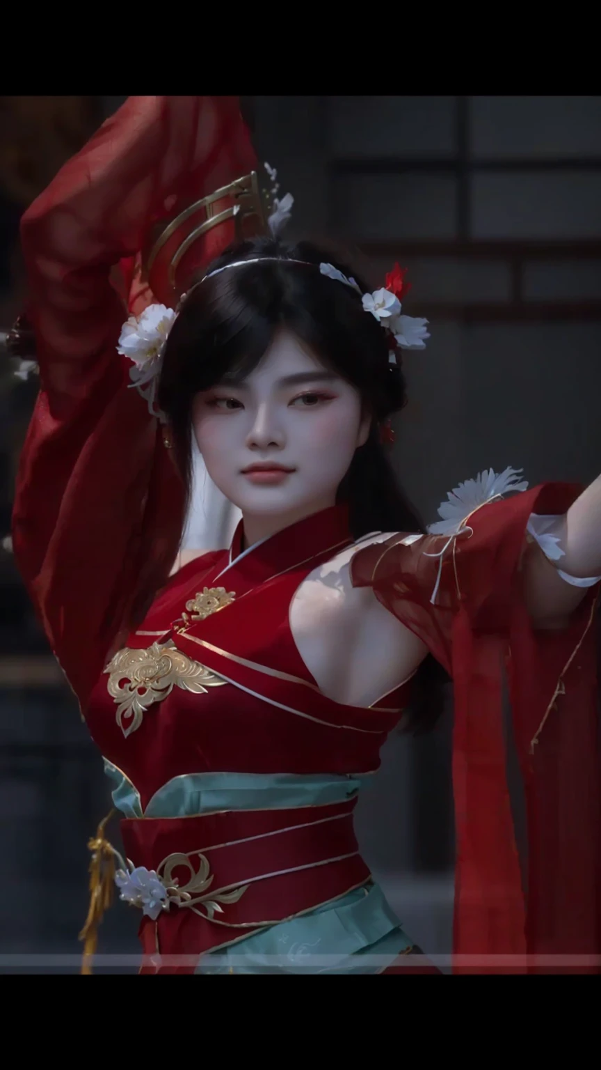 a close up of beautifull a young woman in a red dress dancing, inspired by Li Mei-shu, heise jinyao, zhongli from genshin impact, keqing from genshin impact, full body xianxia, yun ling, inspired by Lan Ying, onmyoji, inspired by Qiu Ying, inspired by Ju Lian, bian lian