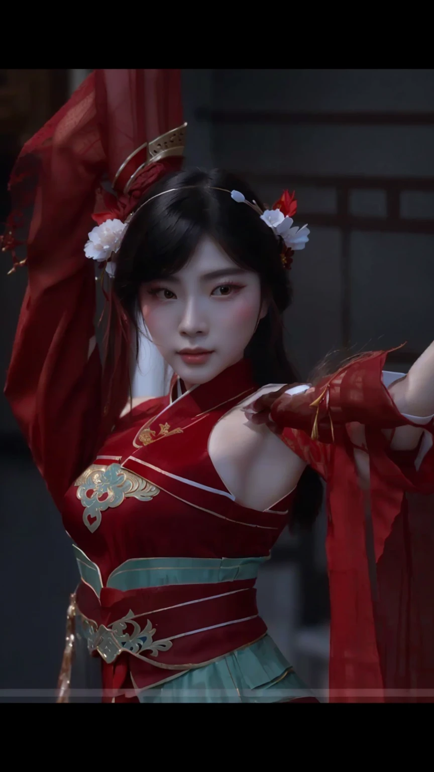 a close up of beautifull a young woman in a red dress dancing, inspired by Li Mei-shu, heise jinyao, zhongli from genshin impact, keqing from genshin impact, full body xianxia, yun ling, inspired by Lan Ying, onmyoji, inspired by Qiu Ying, inspired by Ju Lian, bian lian