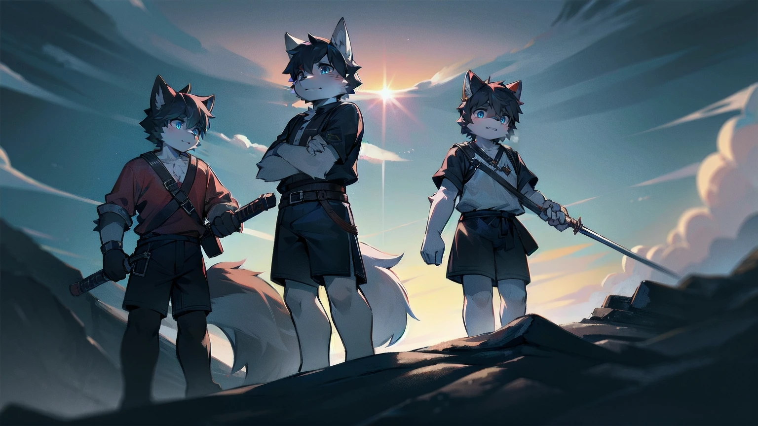 White Wolf，black hair，Sky blue eyes，hairy，Wolf ears，Wolf tail，Full body portrait，The character is in the center of the frame，Handsome，Confident eye***but，juvenile，Black and white combat uniform，Red neck bib，Black shorts，Short sleeve，hairy arms and legs，Dark background，Dark battlefield，dawn，sunrise，dawn，illumination，shadow，Swordsman，Scabbard and Hold the hilt of a in your hand，The scabbard is at the waist，Highest quality,A tall stature