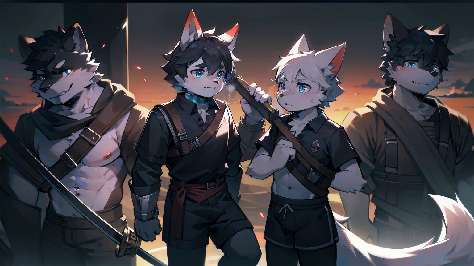 White Wolf,black hair,Sky blue eyes,hairy,Wolf ears,Wolf tail,Full body portrait,The character is in the center of the frame,Handsome,Confident eye***but,juvenile,Black and white combat uniform,Red neck bib,Black shorts,Short sleeve,hairy arms and legs,Dark background,Dark battlefield,dawn,sunrise,dawn,illumination,shadow,Swordsman,Scabbard and Hold the hilt of a in your hand,The scabbard is at the waist,Highest quality,A tall stature