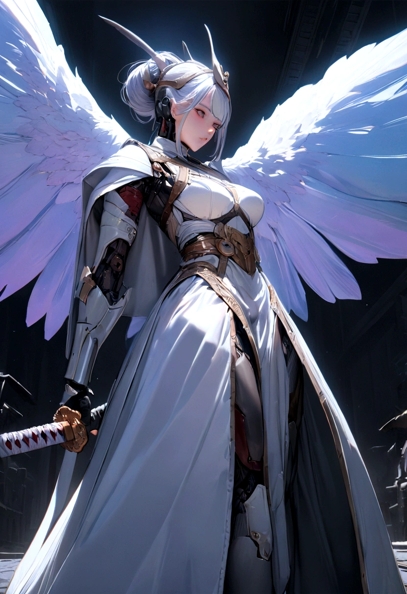(Masterpiece, Best quality:1.2), extremely detailed, 1female samurai cyborg wearing a cape, (White Coat:1.2), holding sword, Katana, God of War, complex, 8k, wallpaper, lighting cinematic, iridescent, armor, mecha, big wings,