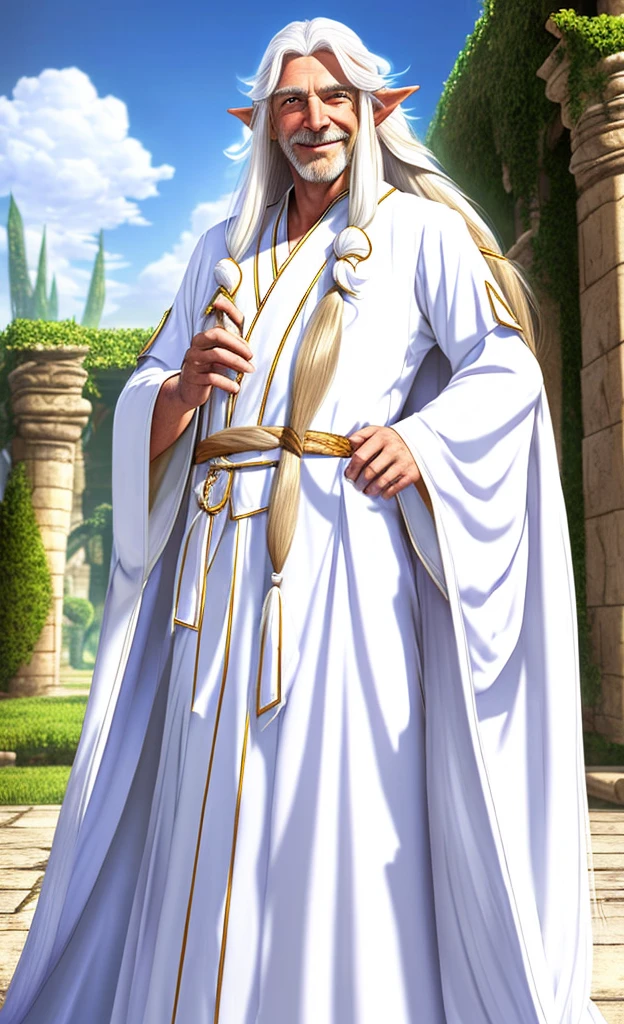 Male elf, old, beautiful, exalted, (long white hair:1.3), white mage robes, smiling, standing in a palace, blue sky in background
