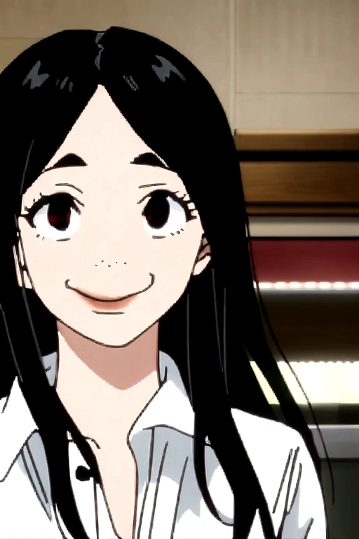 Tokyo revengers screencap of a female Short shoulder-length black hair in front of her hair down to her cheek, round pink, with big lips, and black doe eyes, smiling, Greek nose, wearing a loose button-up shirt. Liden films Graphics