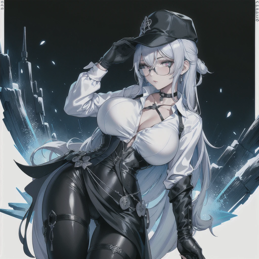 Masterpiece, Beautiful art, professional artist, 8k, art style by sciamano240, rostro de Bronya Zaychik, detailed body, Very detailed face, very detailed eyes, Detailed clothing, detailed fabric, Best Quality, better resolution,  1 girl, front view, big breasts, serious expression,  at night , silver hair, glasses, choker:1.6, (long sleeve white collar buttoned shirt), (shiny black corset), black gloves covering your hands, holding a gun in hand, (shiny black leggings), looking at the viewer, dark forest, Atmosphere, fog, at night