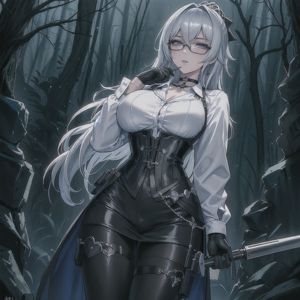 Masterpiece, Beautiful art, professional artist, 8k, art style by sciamano240, rostro de Bronya Zaychik, detailed body, Very detailed face, very detailed eyes, Detailed clothing, detailed fabric, Best Quality, better resolution,  1 girl, front view, big breasts, serious expression,  at night , silver hair, glasses, choker:1.6, (long sleeve white collar buttoned shirt), (shiny black corset), black gloves covering your hands, holding a gun in hand, (shiny black leggings), looking at the viewer, dark forest, Atmosphere, fog, at night