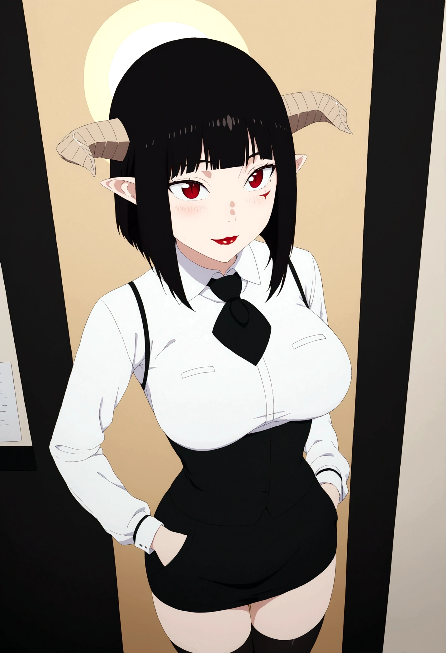 ,hands in pocket,work of art, tight white secretary shirt with black tie, black high waist skirt, short skirt,stocking, black hair, black tightscary sun,office,bangs on the eyes,lighting,horn of hair,view from above,laughter,linda,staring overhead,blushed,face red,Eyes red,dando laughter

