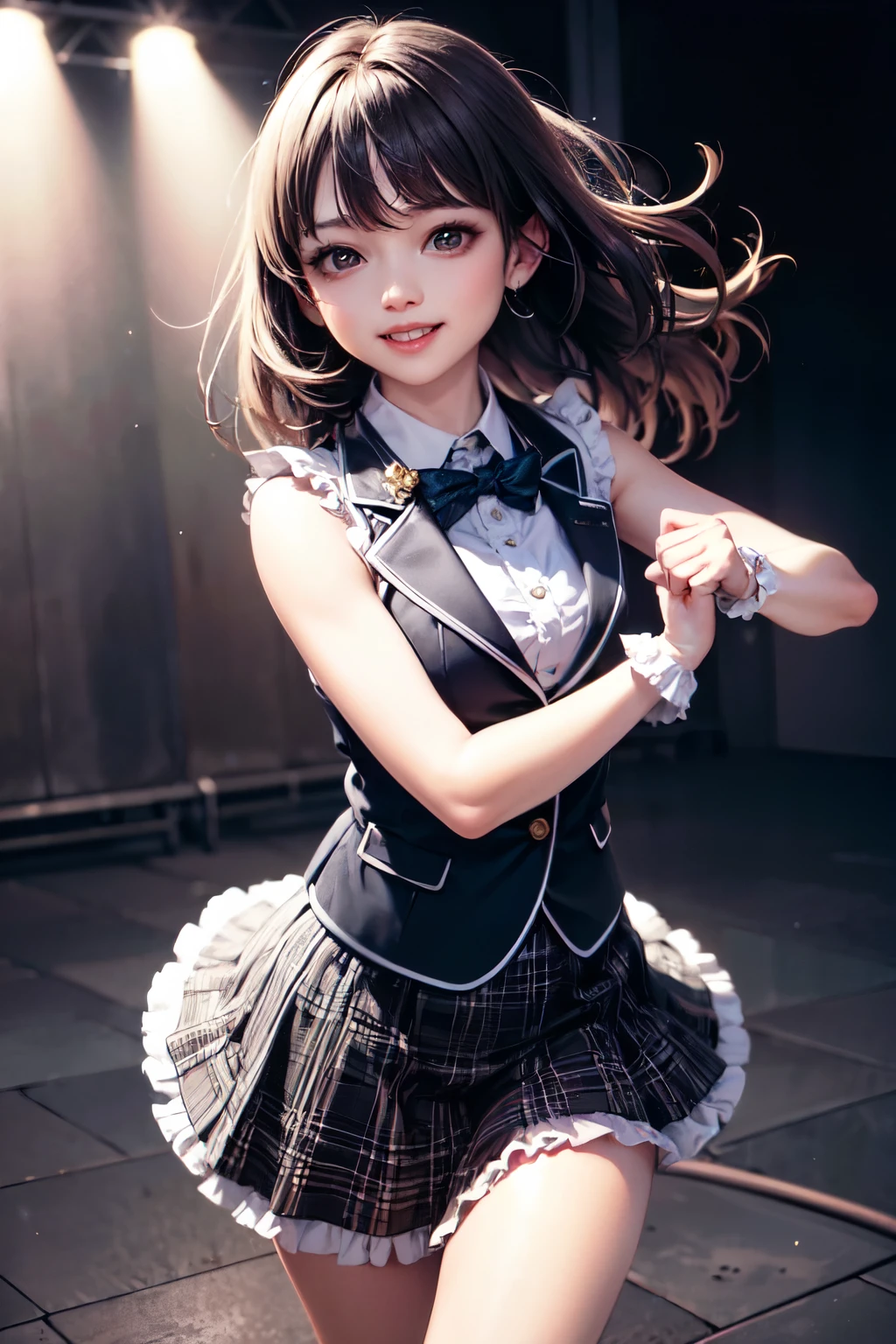 very cute and beautiful girl,(highly detailed beautiful face and eyes),(smile:1.2),happy,
black hair,looking at viewer,dancing,singing,beautiful legs,cowboy shot,
teen idol costume like AKB48,akiba idol with detailed frills,plaid vest,plaid blue mini skirt,
skirt fluttered in wind,live stage,concert hall,spot light,
(best quality,masterpiece),absurdres,highres,ultra-detailed,extremely detailed,32k,8k resolution,
intricate details,cinematic scene,detailed background,solo,dynamic angle,perfect hands,