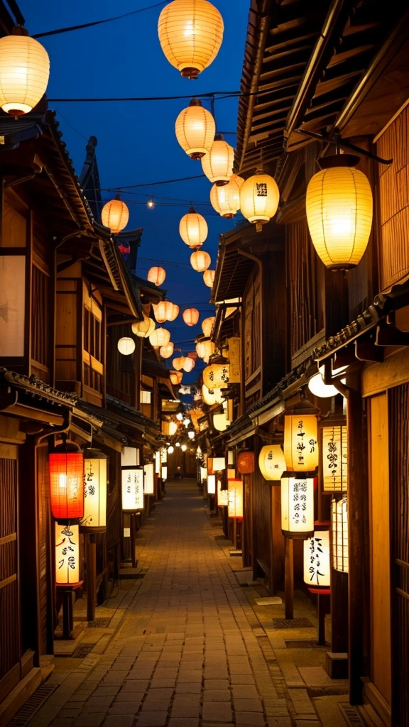 Old Edo period streetscape、The lanterns are lit up at night, creating a fantastic atmosphere.