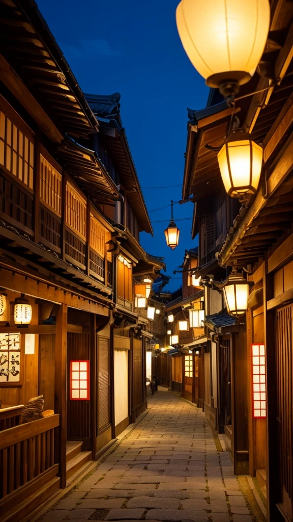 Old Edo period streetscape、The lanterns are lit up at night, creating a fantastic atmosphere.