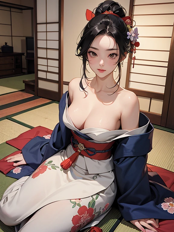 (Highest quality、masterpiece、High resolution、8K)、Ukiyo-e、Vibrant colors、Utamaro、Edo Period、Flowers of Yoshiwara、1 flower kui、whole body、Japanese-style room、It is a tatami room.、There is a candle light、Utamaroの絵のモデル、The courtesan&#39;s hair is black and beautiful、Decoration、The kimono is white with red floral patterns、Sitting、Sitting sideways、The kimono has been flipped up, exposing some bare skin.、One hand is holding a fan open、Details of the model&#39;s gestures and facial expressions、Official Art、Detailed CG、