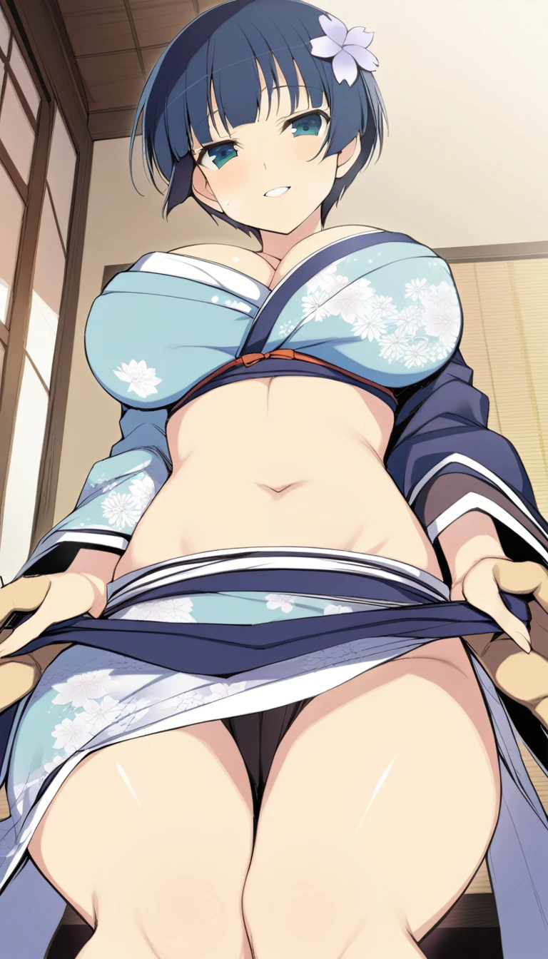 masterpiece, best quality,
yozakura (senran kagura), 1girl, breasts, solo,
short hair, blue hair, flower, blue eyes, large breasts, hair ornament,
japanese clothes, hair flower, navel, midriff, bare legs, cleavage, emblem, smile,
pov,