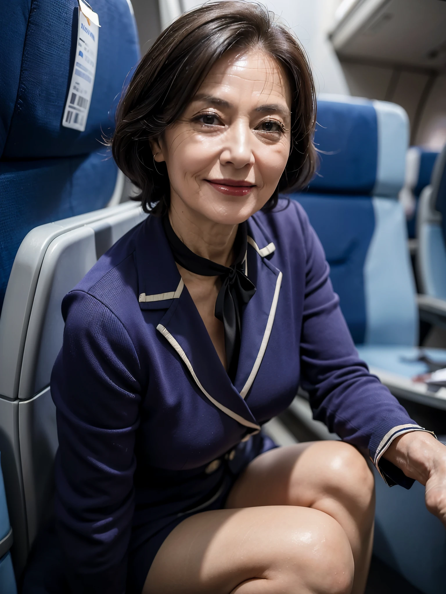 (masterpiece:1.4),(60-year-old woman:1.5),(facial wrinkles 1.2),A kind smile,maternal,Mature Woman, (dressed as a flight attendant : 1.3), on a plane,