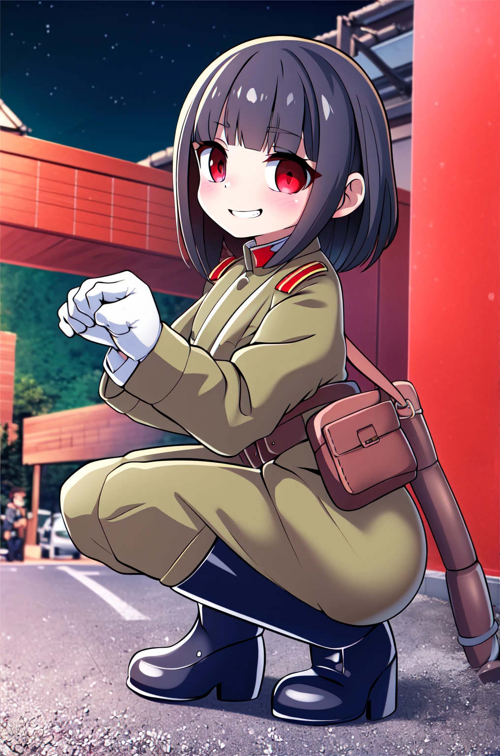 masterpiece, Highest quality, Absurd, High resolution, Very detailed, One Girl, alone, Cowboy Shot, ((IJA Taisho, Khaki uniform, Combatant,Golden Sling,General Positions, 左chestにメダル,)),Black long boots,medium chest,  chest,  Tight waist,  Black Hair,  Blunt bangs, Red eyes, Conceit,Wicked Smile,  White gloves, holster, Leather Belt Pouch, Abandoned city, Dilapidated Street, combustion, Night Sky, battlefield, crater,chestをはだけさせる、Fascinating face、Stick your ass up here、Expand the vagina with both hands、Wet pussy,squat