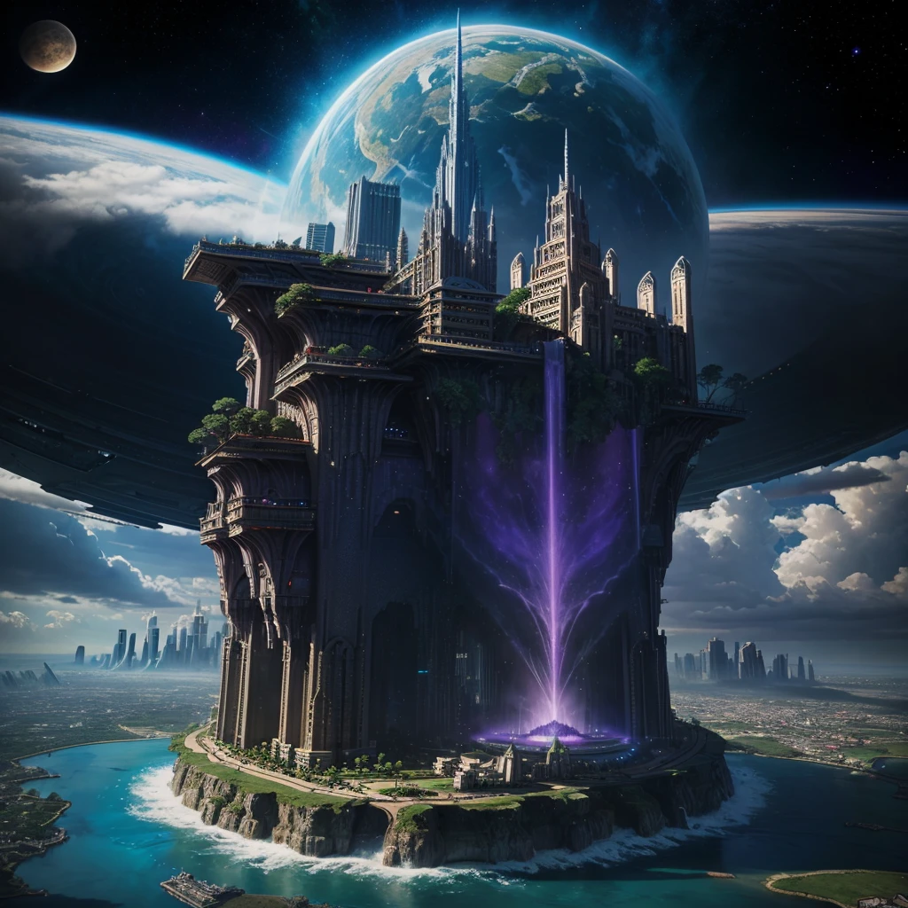 A huge fantastical sci-fi city, aether city, floating aerial metropolis,Skyscrapers、Daytime，Huge construction，Super huge waterfall，Super huge temple，Super huge torii，mysterious，Fantasy，Life Transcendence，A World Beyond All Things， towering skyscrapers, massive waterfall, celestial planets in the sky, surrounded by clouds, cosmic architecture, violet energy scars around, central massive castle, astral sky