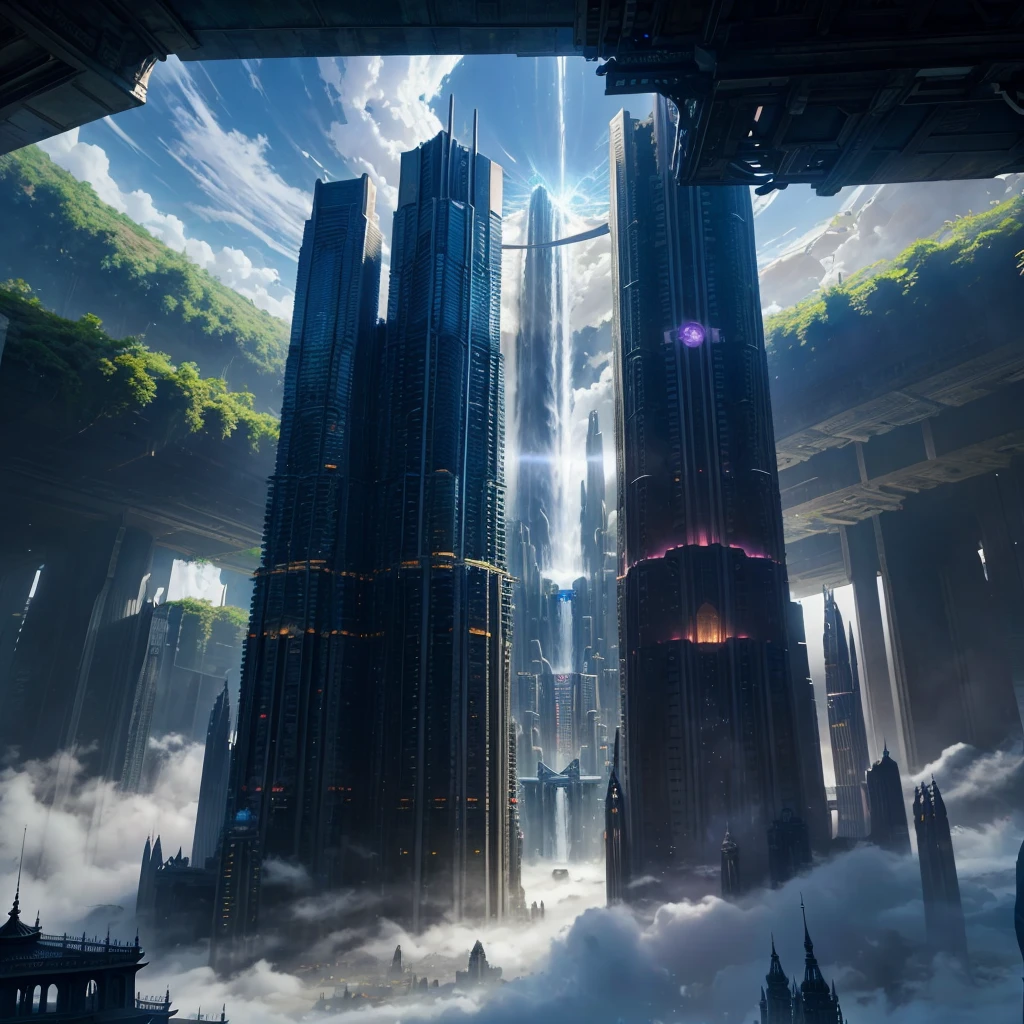 A huge fantastical sci-fi city, aether city, floating aerial metropolis,Skyscrapers、Daytime,Huge construction,Super huge waterfall,Super huge temple,Super huge torii,mysterious,Fantasy,Life Transcendence,A World Beyond All Things, towering skyscrapers, massive waterfall, celestial planets in the sky, surrounded by clouds, cosmic architecture, violet energy scars around, central massive castle, astral sky