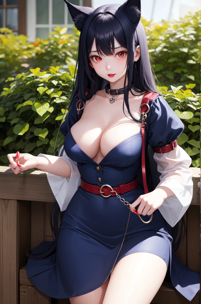 1 girl、Detailed facial details,,Collar,Cat ear,Blue long hair,Red lips,Slim,Wearing sky blue shirt,Large Breasts,Charming red eye,Handcuffs,collar,Radiant Skin,garden,