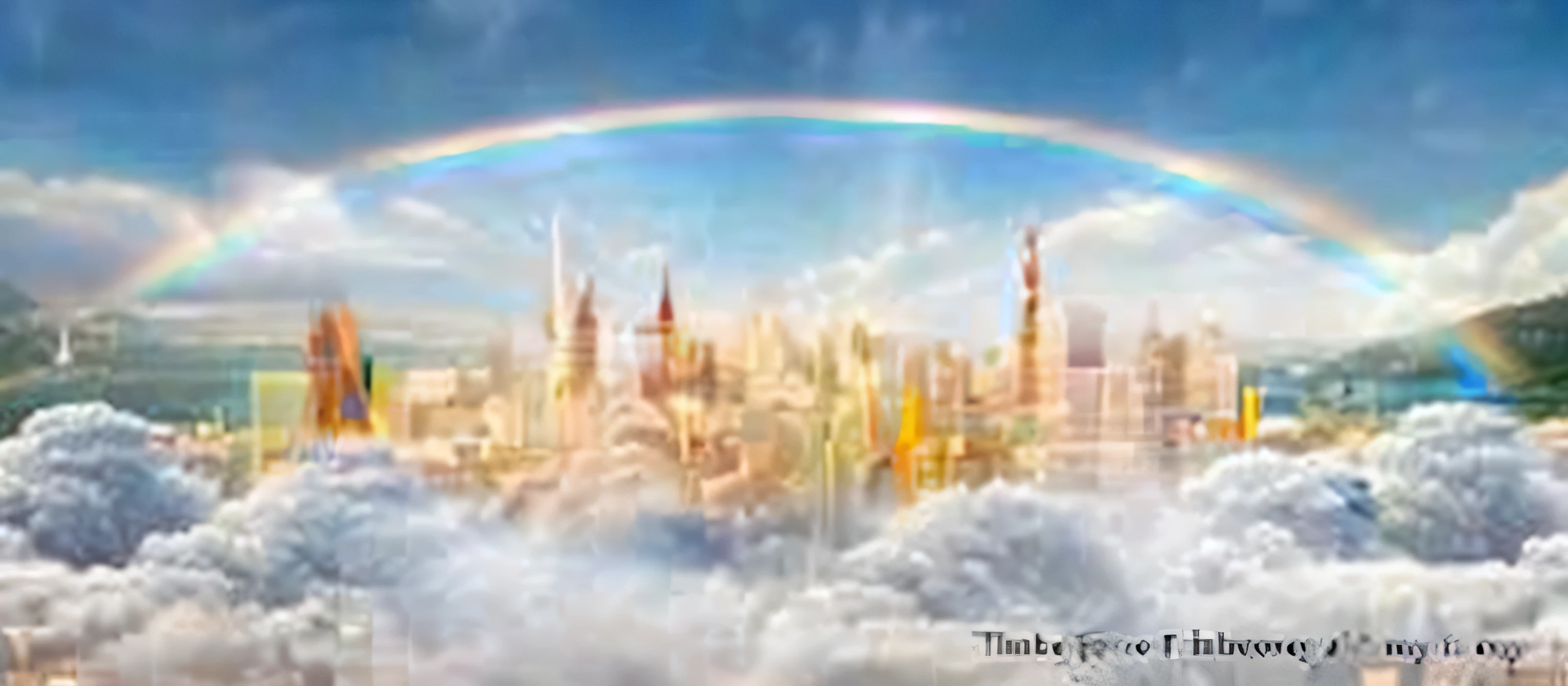 there is a rainbow in the sky over a city with a rainbow, still of rainbow ophanim, gold gates of heaven!!!!!!!!, ( ( ( rainbow ) ) ), city in the sky, rainbow, ethereal rainbow nimbus, heaven!!!!!!!!, prophetic art, city in the clouds, bright rainbow nimbus, the gates of heaven, a city in the clouds