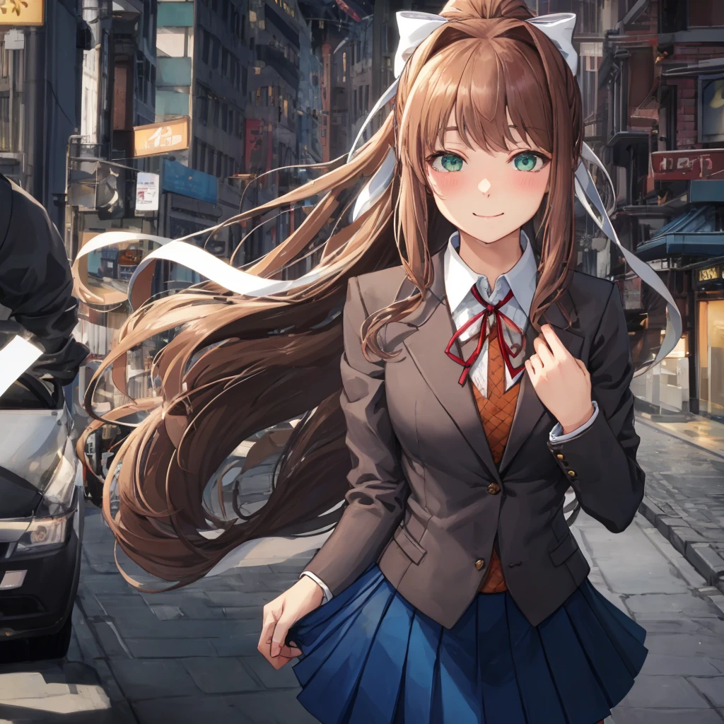 monika, green eyes, very long hair, ponytail, white bow, blazer, brown sweater, collared shirt, neck ribbon, blue skirt, heart eyes, smile, lustful gaze, holding chin, blush, street