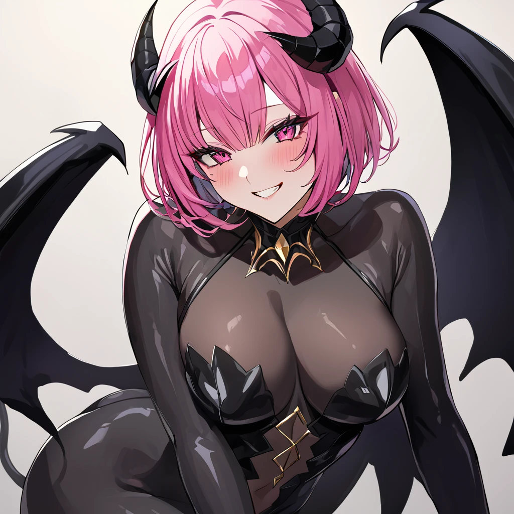 ((Highest quality)), ((masterpiece)), (detailed), （Perfect Face）、The woman is a naked demon queen, Momo Belia Deviluke, wearing a shiny black full-body bodysuit decorated with gold, the sexy female demon, Devil Queen Momo Belia Deviluke、The woman is a female demon with magnificent devil horns, jet black devil wings, and a jet black tail. She is looking at the camera with a happy expression on her face. Her name is Momo Belia Deviluke, and she has pink hair in a short bob and the expression of a girl in love.、The woman is Momo Belia Deviluke