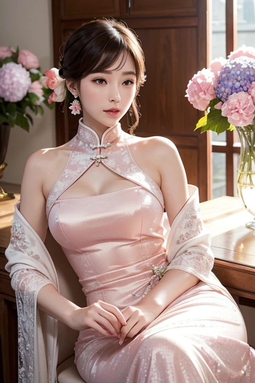 (masterpiece), Highest quality, High resolution, Super detailed, character close, Chinese style white beautiful dress, Chinese elegant dress, Exquisite detail, Beautiful and elegant Chinese dress, Colorful and shiny, The dress floats, Elevation, Natural closure (close), Require, Warm colors like sunlight Focus Personal warm, Champagne, Details are highlighted, Super long ribbon, Open, whole body, Many detailed elements, Pink petals, Sunlight on the skin, wonderful, hairpin, Hydrangea, Private room.