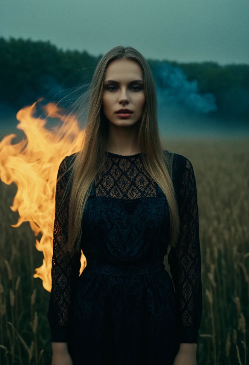 "memories are the water of life" (Misterious mood Soft Lighting Photography), stunning medium format analog photo, TWbabeXL01 beautiful (woman), A beautiful ((evil slavic woman)), pale skin, long dark blond hair, dynamic model pose, over the shoulde wide view, black over black background, highly detailed, detailed realistic photography, masterpiece half-body photo, finely detailed skin, emotional, professional color grading, epiCPhoto, OverallDetailXL analog grain, Fujifilm Astia, low contrast, OverallDetailXL, dark fantasy, photo dress that has the patterns of burning fire, standing in a foggy field, liminal lighting, dslr, detailed quality, face covered by dark veil