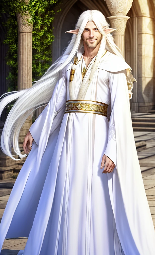 Male elf, beautiful, exalted, (long white hair:1.3), white mage robes, smiling, standing in a palace, blue sky in background 