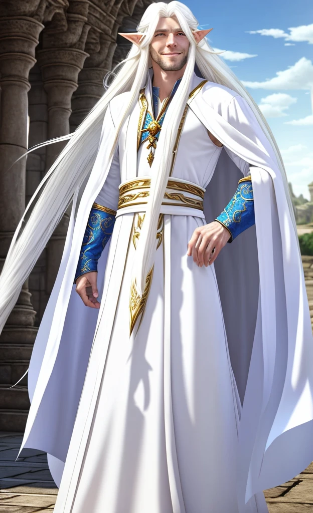 Male elf, beautiful, exalted, (long white hair:1.3), white mage robes, smiling, standing in a palace, blue sky in background