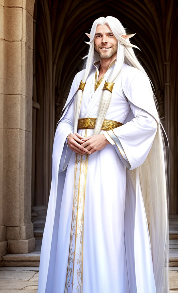 Male elf, beautiful, exalted, (long white hair:1.3), white mage robes, smiling, standing in a palace, blue sky in background