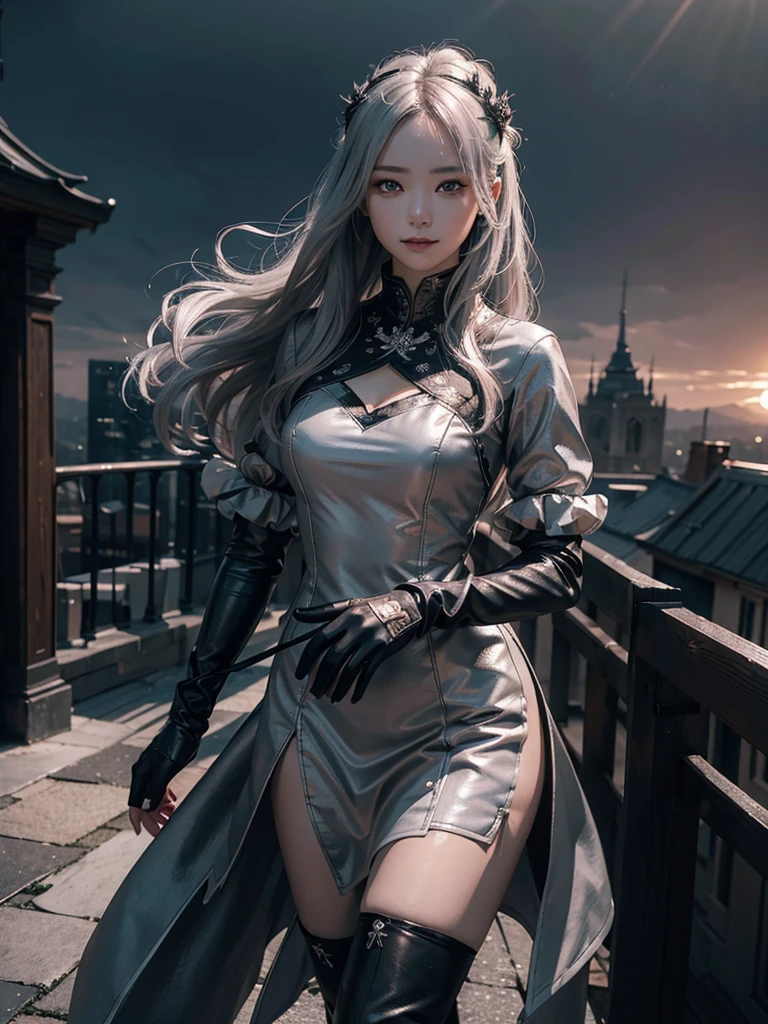 masterpiece, accurate, high quality, super detail, best quality, 8K, This is an illustration for a light novel with thin lines and medium saturation... A sophisticated Kaihime-like woman stands on a rooftop and looks at the dawn sky., (smile faintly). She is wearing a charcoal gothic style dress with pale pink and silver accents.., charcoal stockings, leather boots, and long silver gloves with charcoal fingertips.., cinematic lighting, Chiaroscuro, masterpiece, accurate, high quality, super detail, best quality, natural female nose