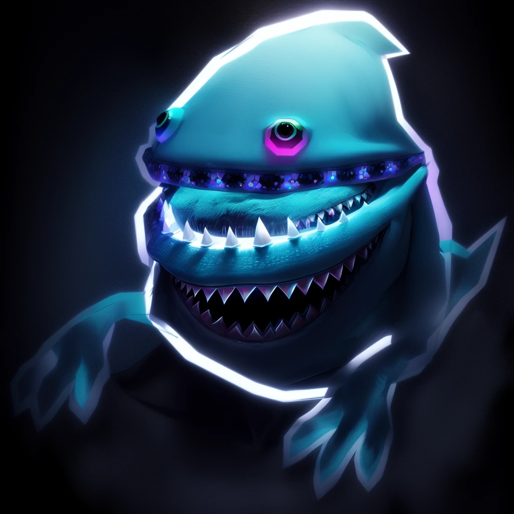 There is a cartoon image of a monster with a rainbow-colored mouth., Rainbow-colored ghostly, White scary skin, A whimsical demon with rainbow-colored fur., anthropomorphic shark, That&#39;s horrible :4, Smiling Gelatinous, Corneal aberration, Glowing male creature, Ice Swamp Monster, Adorable glowing creatures, Octane Rendering, Dark rainbow halo