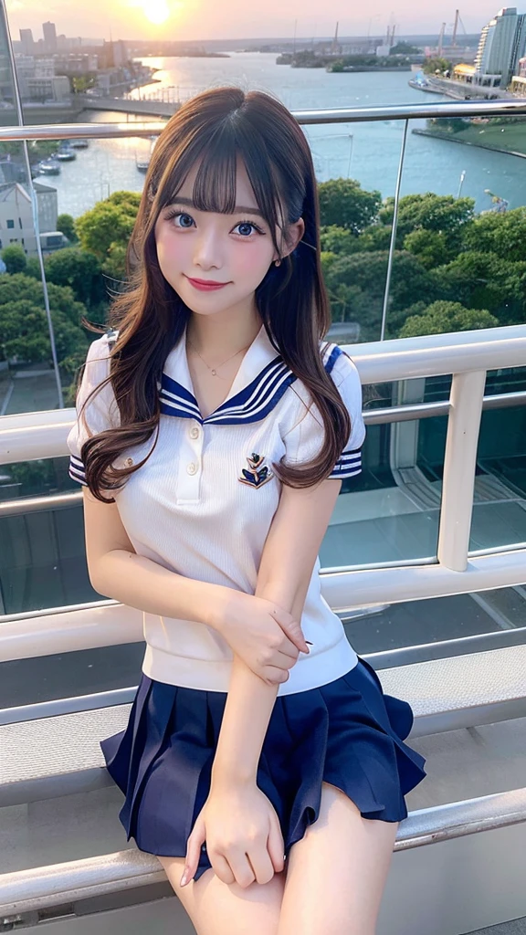 best quality, 1 beautiful woman, sailor uniform, mini skirt, sitting in ferris wheel, city view, holding hands, romantic atmosphere, sunset, high detail